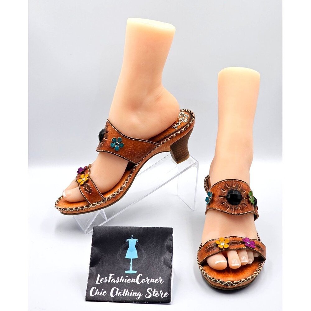 NWOB Spring Step Women's Brown Leather Kitten Heel Open-Toe Sandals Sz 9.5 2398